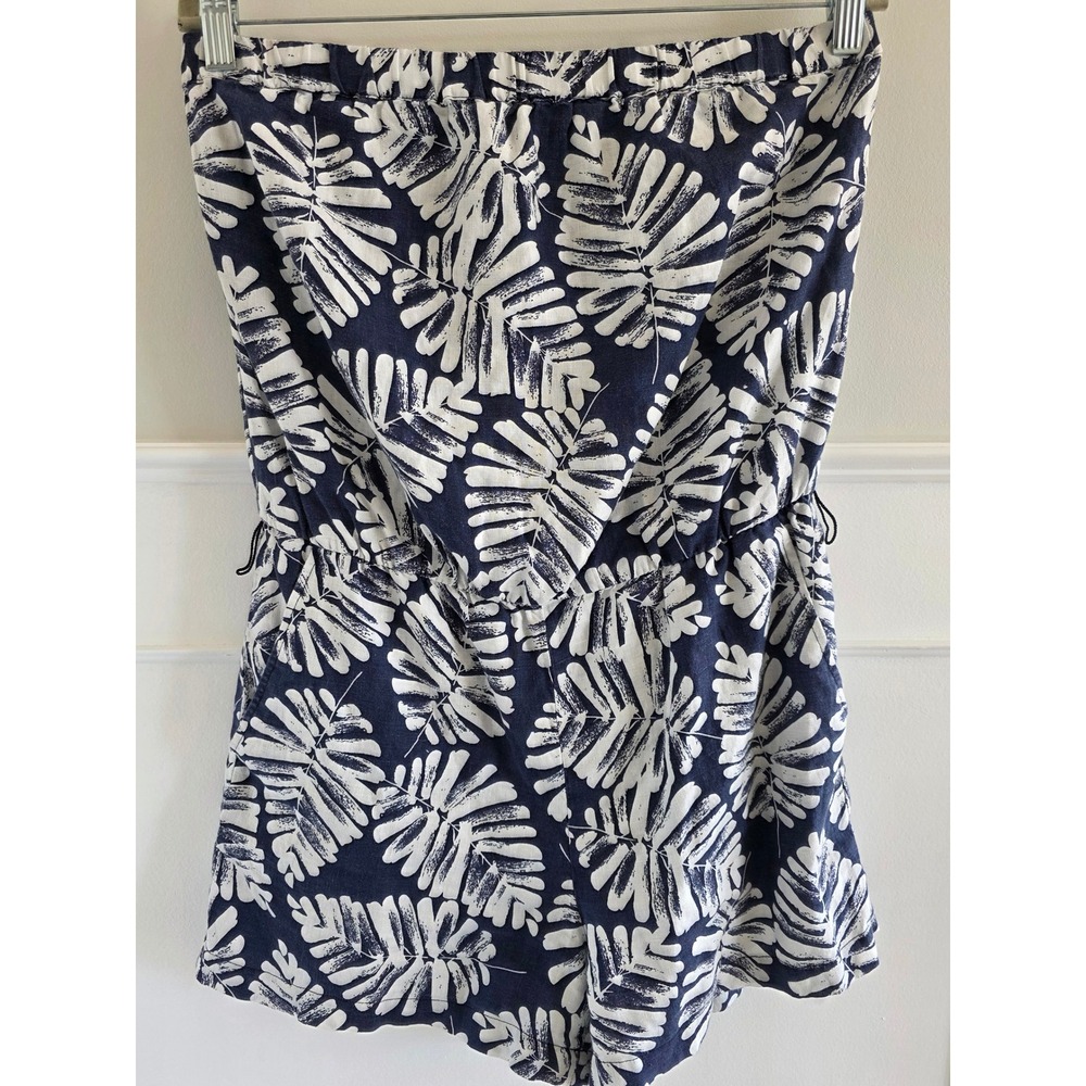 Banana Republic Womens Navy White‎ Tropical Palm Leaf Strapless Linen Romper 10